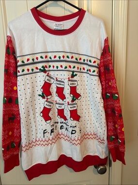 FRIENDS Red and White Holiday Stocking Crewneck Sweater